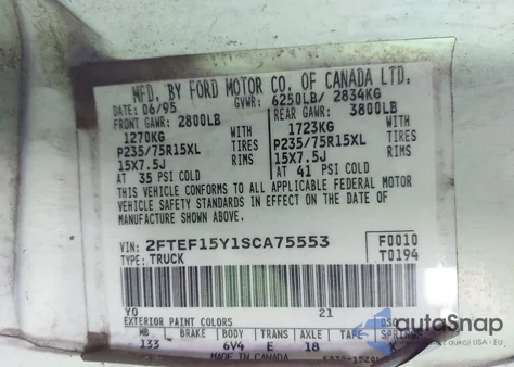 1995 Ford F150 из США, поврежденный, VIN 2FTEF15Y1SCA75553